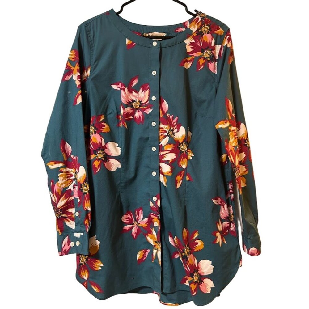 Floral Button-Up Tunic Shirt Duluth Trading M with Pockets 100% Cotton